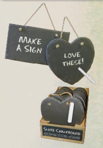 Slate Chalkboards hanging on rope.  Rectangle and Heart shaped boards